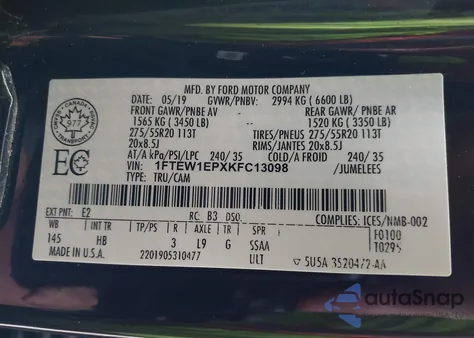 2019 Ford F-150 Lariat из США, поврежденный, VIN 1FTEW1EPXKFC13098